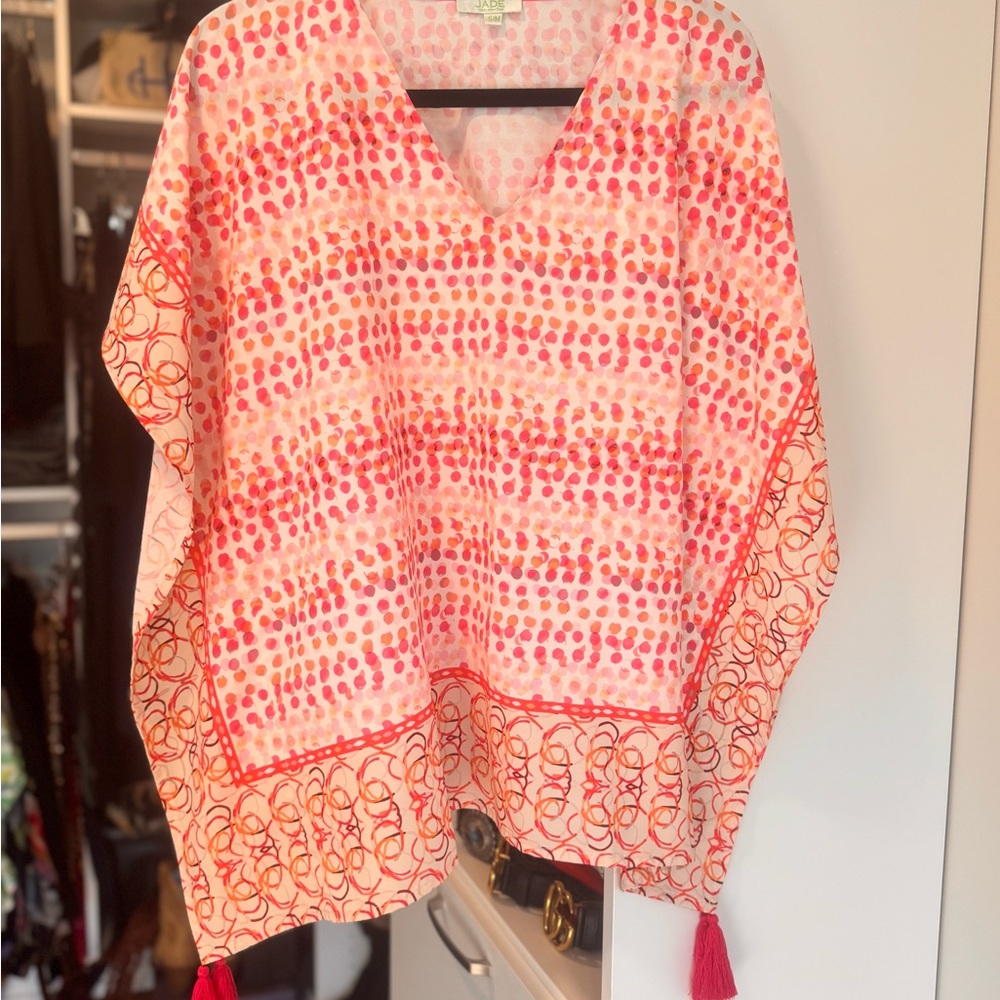 Jade Pink and White Patterned Poncho/Caftan Top with Tassels. Size S/M